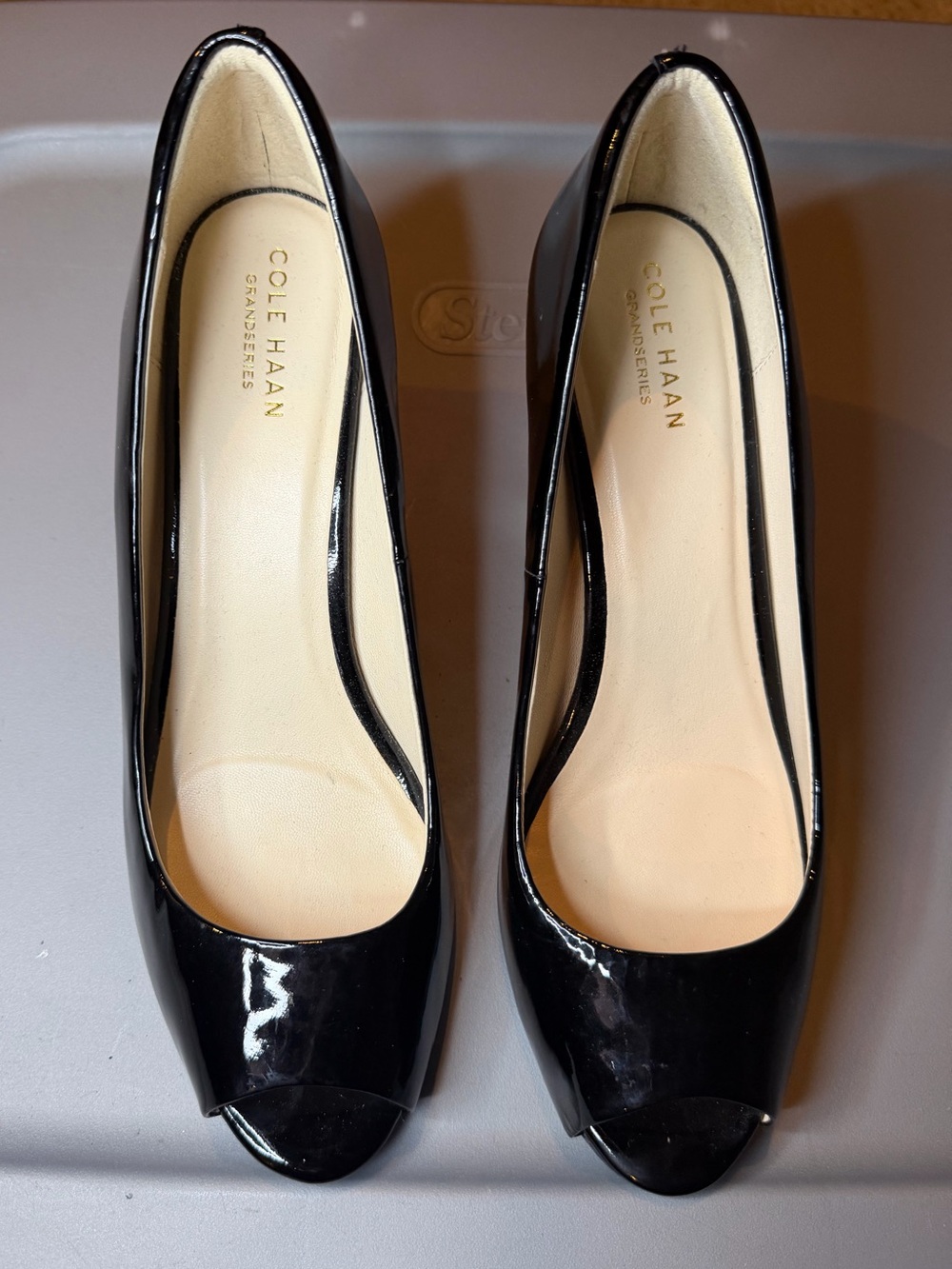 Cole Haan Black Patent Peep-Toe Heels